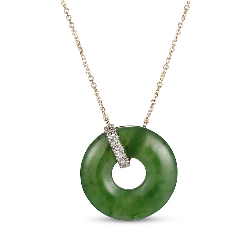 Main Image 1 of Nephrite Jade & Diamond Donut Necklace 1/15 ct tw 14K Yellow Gold 18&quot;
