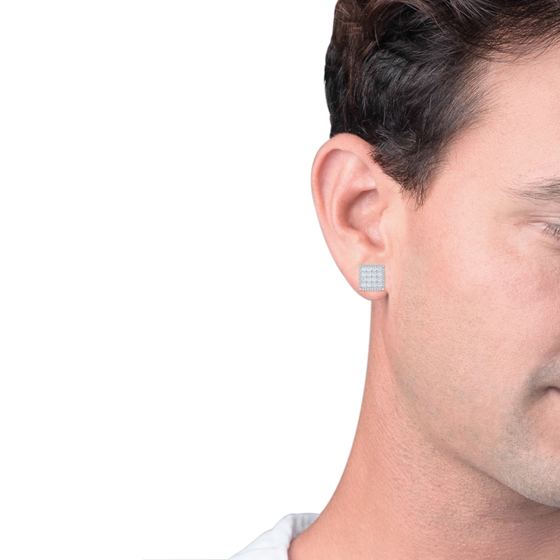 Main Image 4 of Men's Lab-Grown Diamond Multi-Stone Square Stud Earrings 2 ct tw 10K White Gold