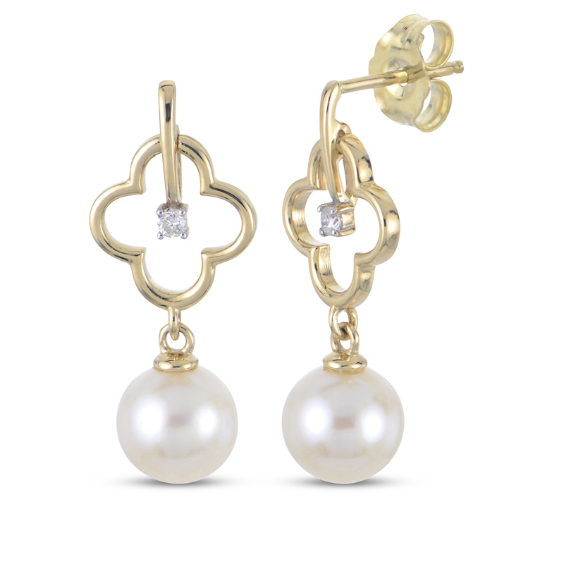 Main Image 1 of Cultured Pearl & Diamond Accent Clover Drop Earrings 14K Yellow Gold