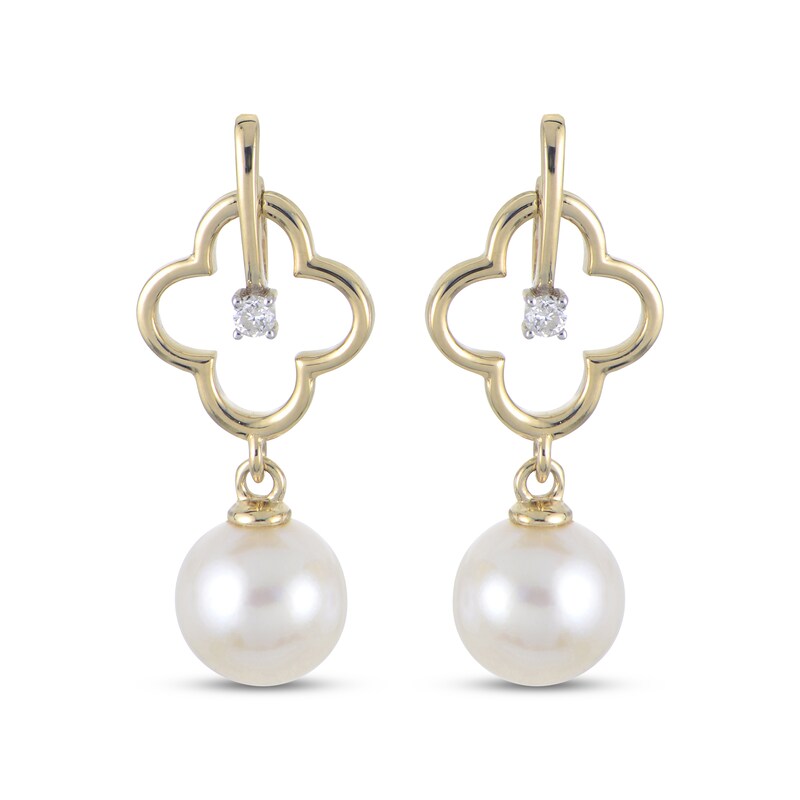Main Image 2 of Cultured Pearl & Diamond Accent Clover Drop Earrings 14K Yellow Gold