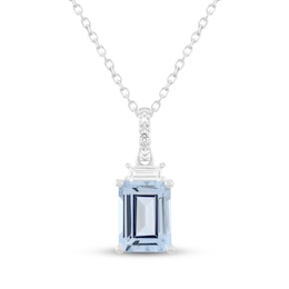 Emerald-Cut Aquamarine & White Lab-Created Sapphire Necklace Sterling Silver 18"