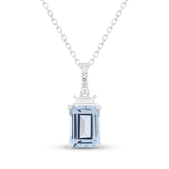 Emerald-Cut Aquamarine & White Lab-Created Sapphire Necklace Sterling Silver 18"
