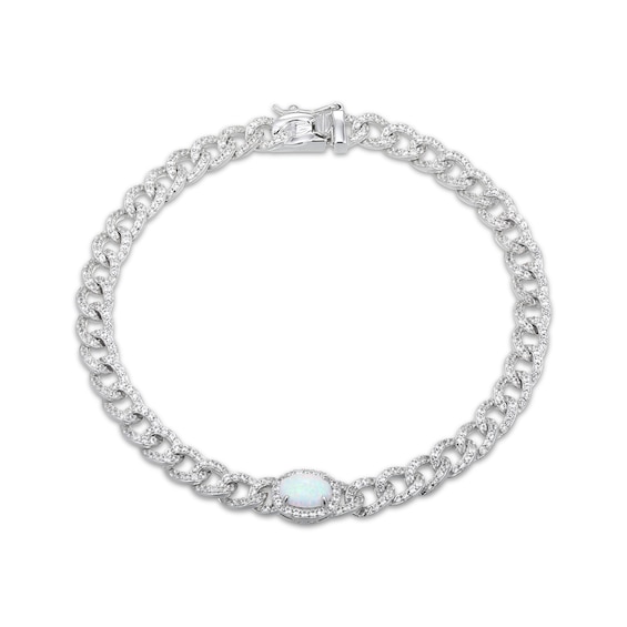 Oval-Cut Lab-Created Opal & White Lab-Created Sapphire Chain Link Bracelet Sterling Silver 7.25"