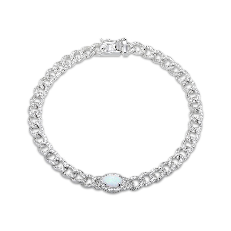 Main Image 1 of Oval-Cut Lab-Created Opal & White Lab-Created Sapphire Chain Link Bracelet Sterling Silver 7.25"