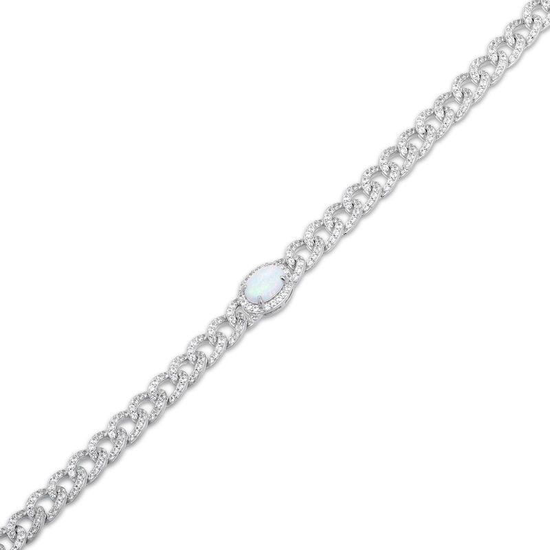 Main Image 2 of Oval-Cut Lab-Created Opal & White Lab-Created Sapphire Chain Link Bracelet Sterling Silver 7.25"