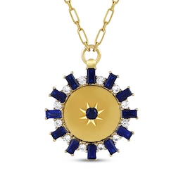 STUDIO BY KAY Blue & White Lab-Created Sapphire Sunburst Medallion Necklace 24K Yellow Gold Vermeil Sterling Silver 18"