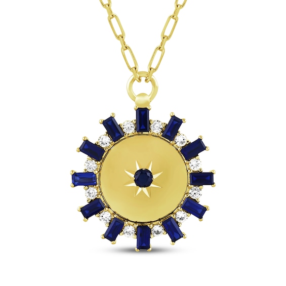 STUDIO BY KAY Blue & White Lab-Created Sapphire Sunburst Medallion Necklace 24K Yellow Gold Vermeil Sterling Silver 18"