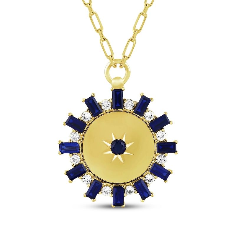 Main Image 1 of STUDIO BY KAY Blue & White Lab-Created Sapphire Sunburst Medallion Necklace 24K Yellow Gold Vermeil Sterling Silver 18"