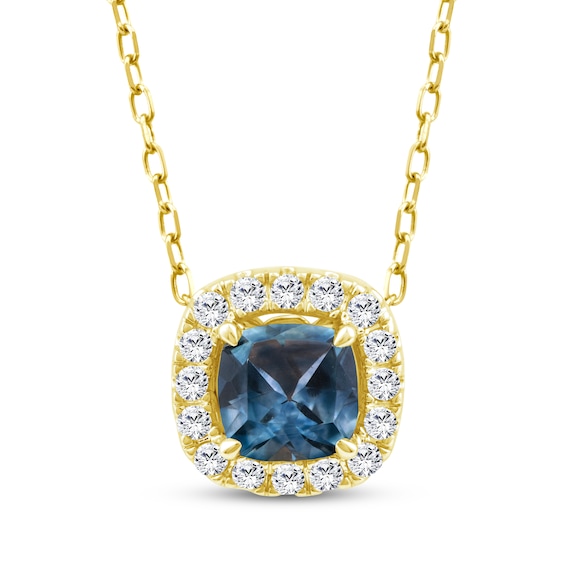 American Blue Sapphire & Diamond Halo Necklace 1/10 ctw tw 10K Yellow Gold 18"