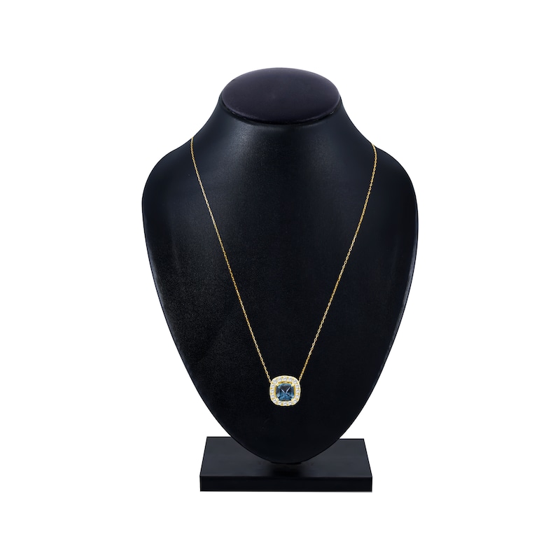Main Image 4 of American Blue Sapphire & Diamond Halo Necklace 1/10 ctw tw 10K Yellow Gold 18"