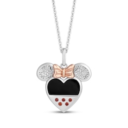 Disney Treasures Minnie Mouse Diamond, Garnet & Black Onyx Heart Necklace 1/10 ct tw Sterling Silver & 10K Rose Gold 19"