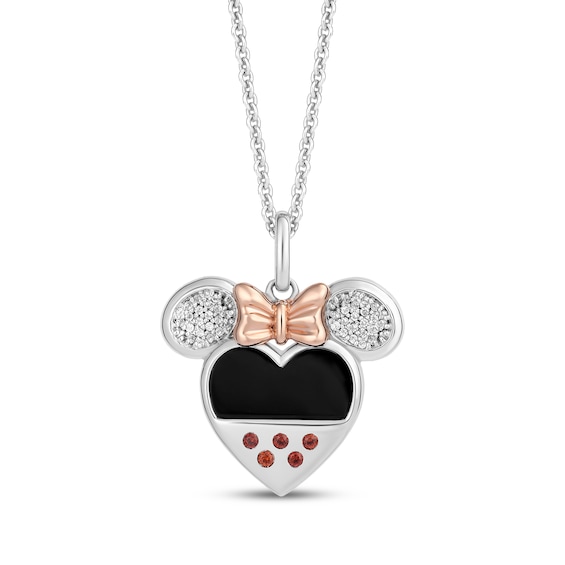 Disney Treasures Minnie Mouse Diamond, Garnet & Black Onyx Heart Necklace 1/10 ct tw Sterling Silver & 10K Rose Gold 19"
