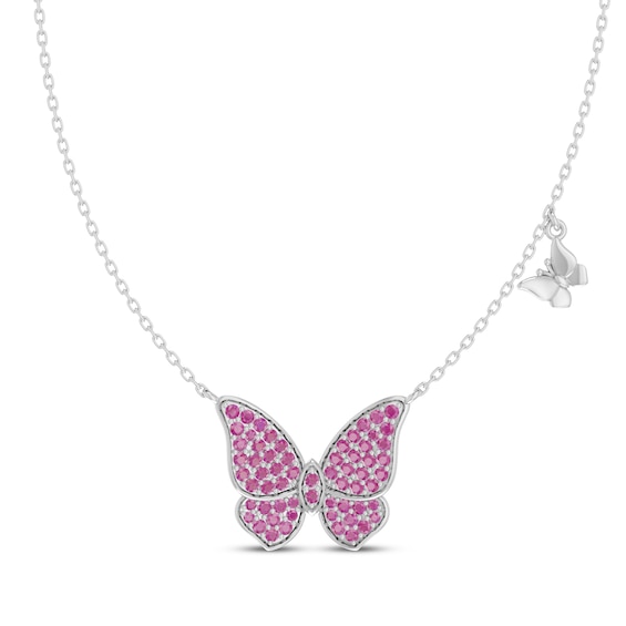 Pink Lab-Created Sapphire Butterfly Necklace Sterling Silver 18"