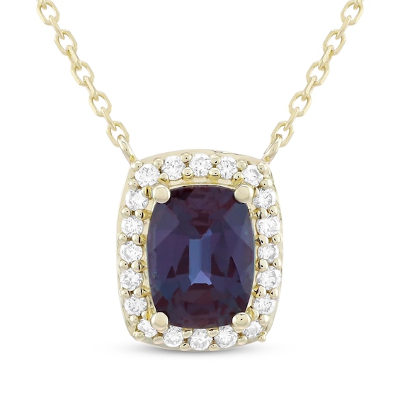 KAY Lab-Grown Diamonds Cushion-Cut Lab-Created Alexandrite Halo Necklace 1/5 ct tw 10K Yellow Gold 18"