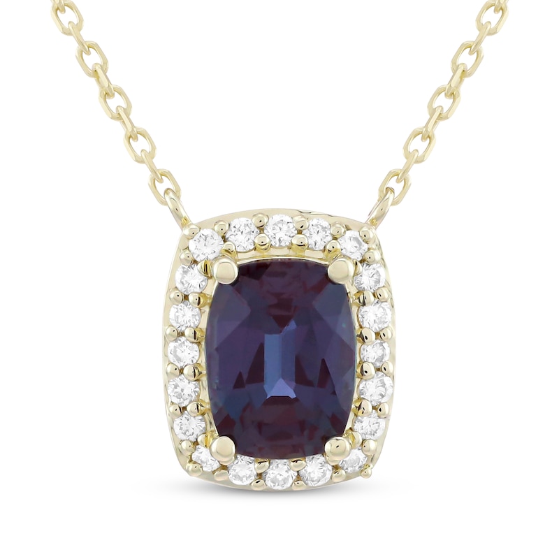 Main Image 1 of KAY Lab-Grown Diamonds Cushion-Cut Lab-Created Alexandrite Halo Necklace 1/5 ct tw 10K Yellow Gold 18"