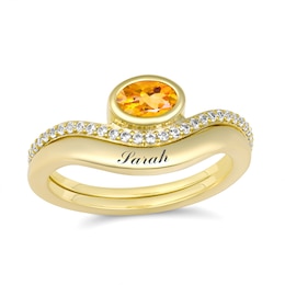 Birthstone and Brilliant Accent Stones Wave Ring (1 Stone and Line)