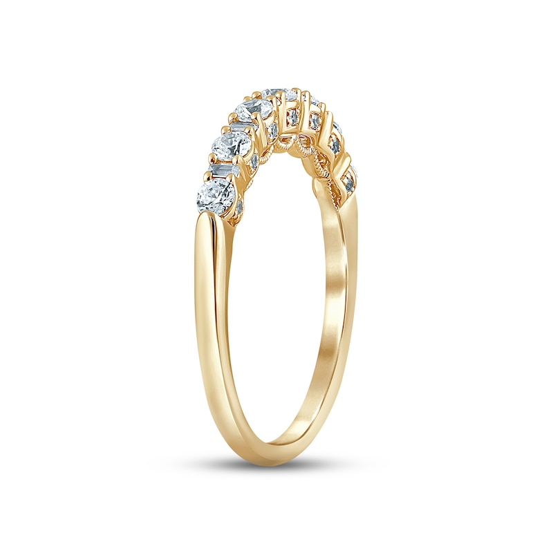 Diamond Anniversary Ring 1/2 ct tw Round & Baguette-cut 14K Yellow Gold ...