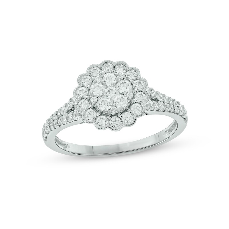 Main Image 1 of Multi-Diamond Flower Halo Promise Ring 3/4 ct tw 10K White Gold
