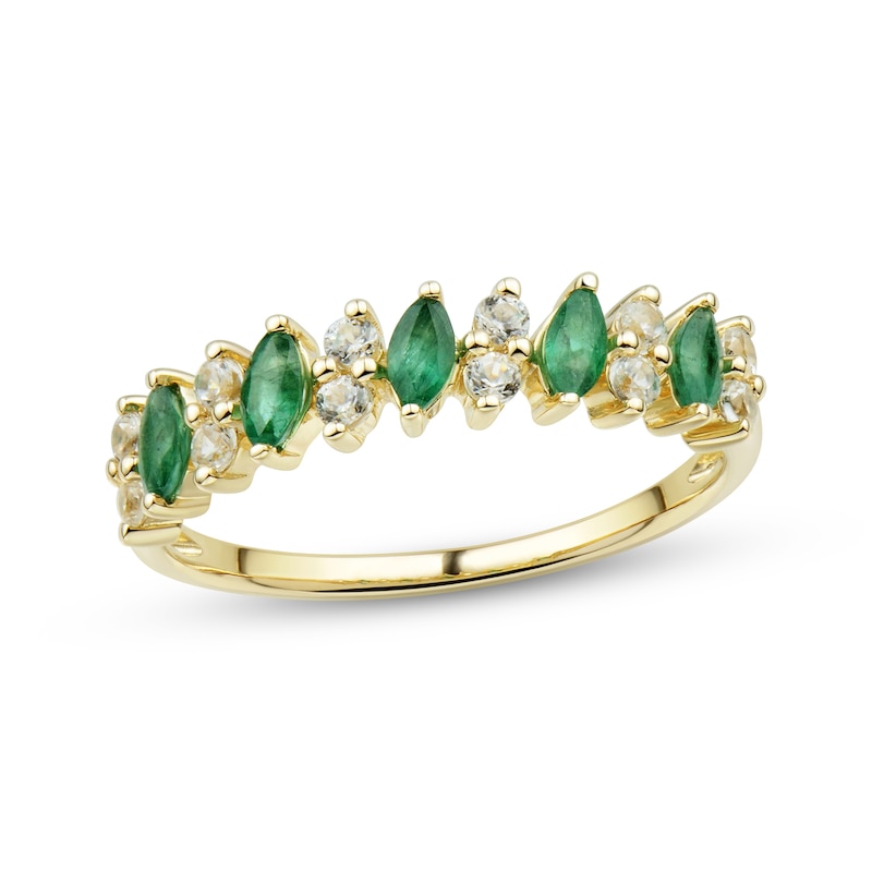 Emerald & Diamond Marquise Anniversary Band 1/5 ct tw Round-cut 10K Yellow Gold