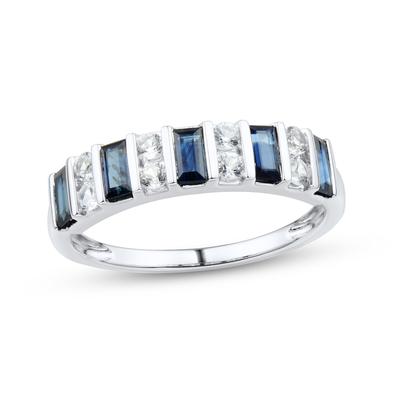 Main Image 1 of Now + Forever Blue Sapphire & Diamond Baguette Anniversary Band 1/4 ct tw Round-cut 10K White Gold