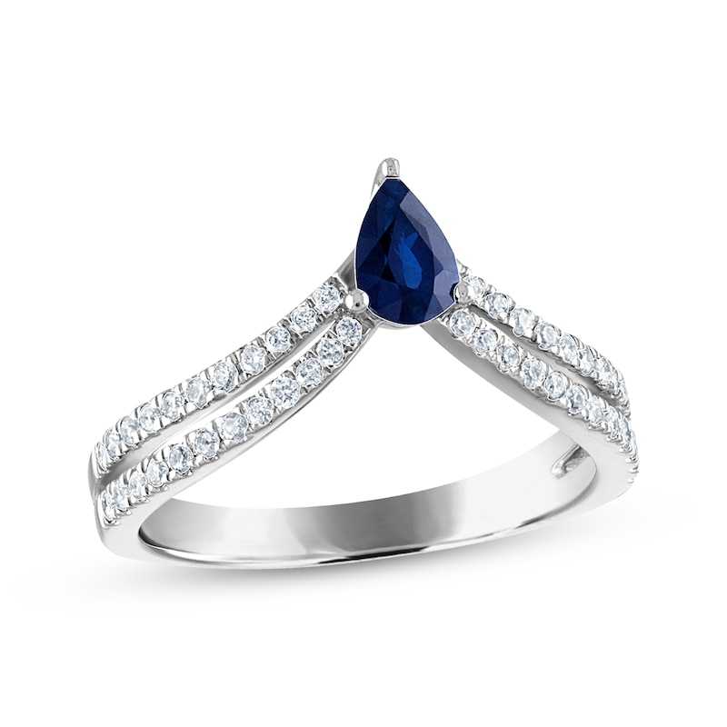 Main Image 1 of Now + Forever Blue Sapphire & Diamond Chevron Anniversary Band 1/4 ct tw Pear & Round-cut 10K White Gold