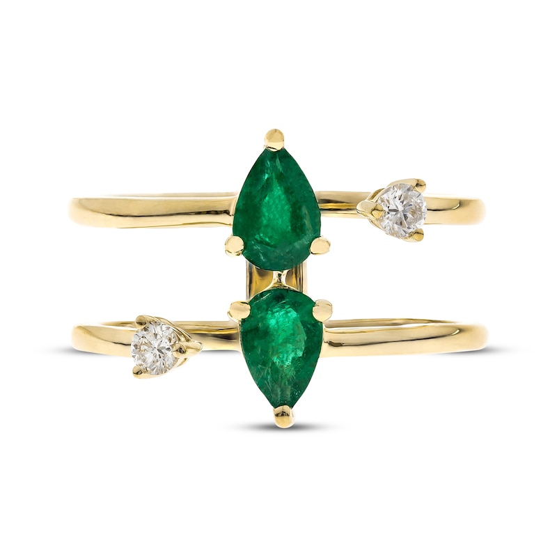 Pear-Shaped Emerald & Diamond Deconstructed Two-Row Ring 1/8 ct tw 10K Yellow Gold