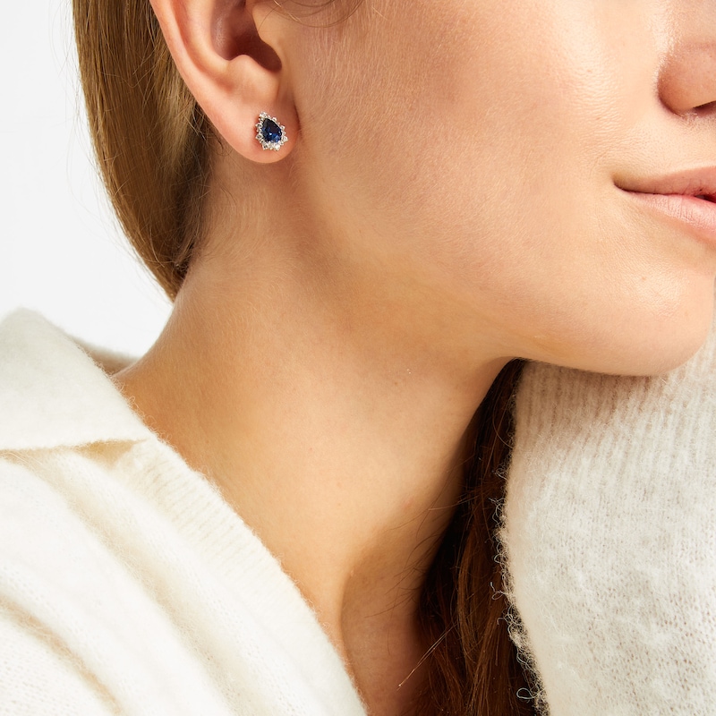 Main Image 4 of Pear-Shaped Blue Lab-Created Sapphire & White Lab-Created Sapphire Earrings Sterling Silver