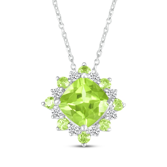 Cushion-Cut Peridot & White Lab-Created Sapphire Necklace Sterling Silver 18"