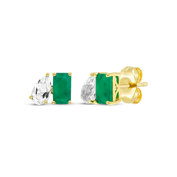 Toi et Moi Pear-Shaped White Topaz & Emerald-Cut Emerald Earrings 10K Yellow Gold
