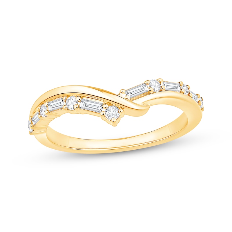 Main Image 1 of Now + Forever Baguette & Round-Cut Diamond Crossover Chevron Anniversary Ring 1/3 ct tw 14K Yellow Gold