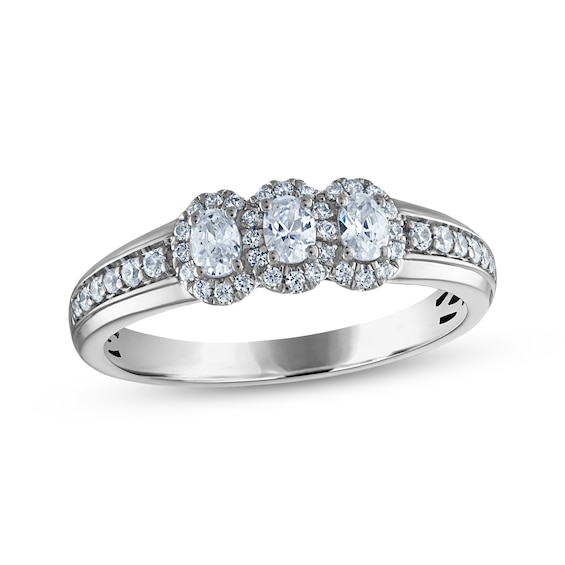 Now + Forever Oval-Cut Diamond Three-Stone Halo Anniversary Ring 1/2 ct tw 14K White Gold
