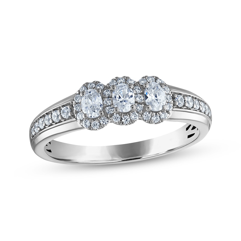 Main Image 1 of Now + Forever Oval-Cut Diamond Three-Stone Halo Anniversary Ring 1/2 ct tw 14K White Gold