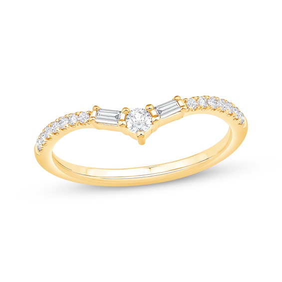 Baguette & Round-Cut Diamond Chevron Anniversary Ring 1/5 ct tw 10K Yellow Gold