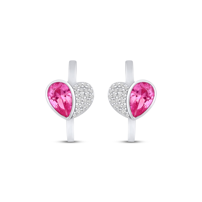 Main Image 2 of Pear-Shaped Pink Lab-Created Sapphire & White Lab-Created Sapphire Heart Hoop Earrings Sterling Silver