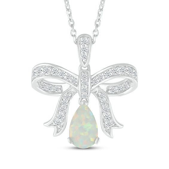 Pear-Shaped Lab-Created Opal & White Sapphire Bow Necklace Sterling Silver 18"