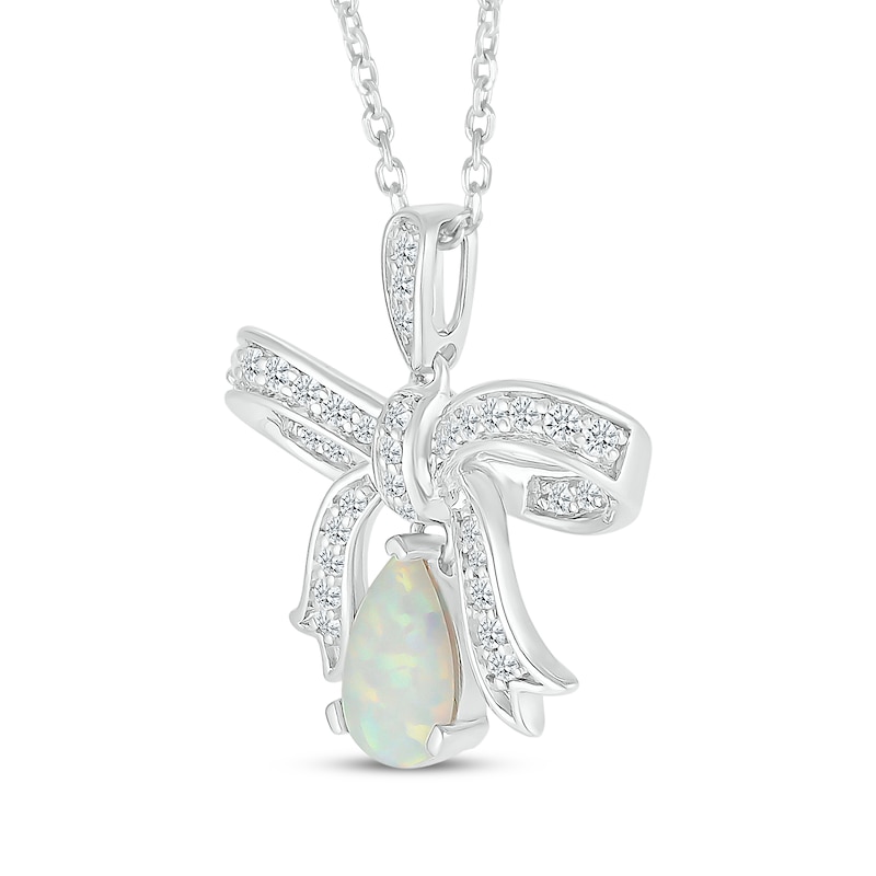 Main Image 2 of Pear-Shaped Lab-Created Opal & White Lab-Created Sapphire Bow Necklace Sterling Silver 18&quot;