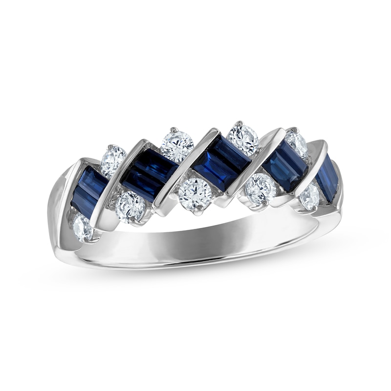Baguette-Cut Blue Sapphire & Diamond Anniversary Ring 1/2 ct tw 14K White Gold