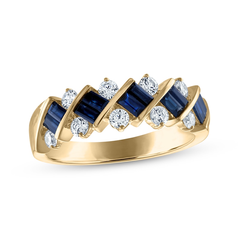 Baguette-Cut Sapphire & Diamond Anniversary Ring 1/2 ct tw 14K Yellow Gold