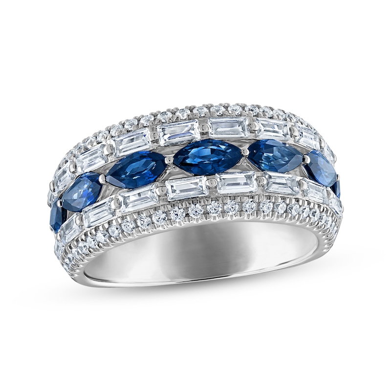 Main Image 1 of Now + Forever Marquise-Cut Blue Sapphire, Baguette & Round-Cut Diamond Anniversary Ring 1-1/5 ct tw 14K White Gold