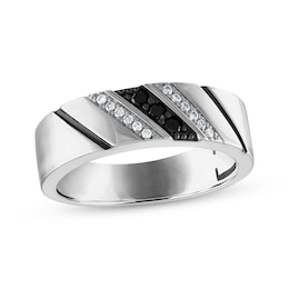 Now + Forever Men's Black & White Diamond Diagonal Wedding Band 1/6 ct tw 10K White Gold