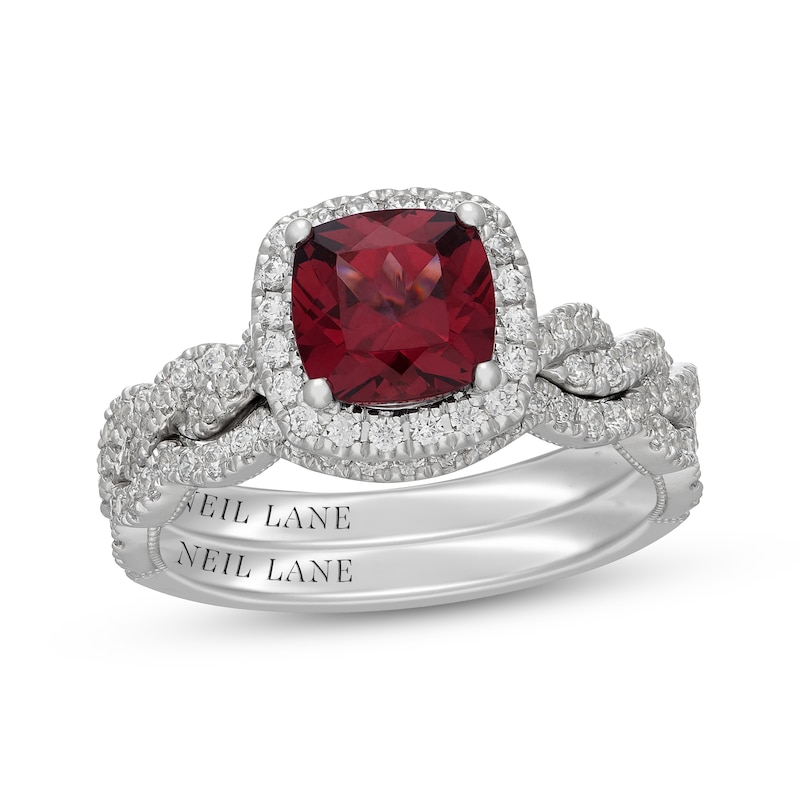 Main Image 1 of Neil Lane Cushion-Cut Rhodolite Garnet & Diamond Halo Bridal Set 5/8 ct tw Diamonds 14K White Gold