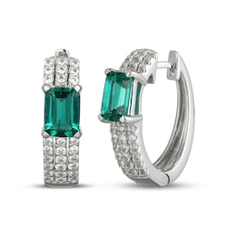 Emerald-Cut Lab-Created Emerald & White Lab-Created Sapphire Huggie Hoop Earrings Sterling Silver
