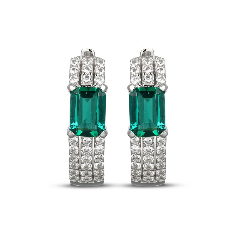 Main Image 2 of Emerald-Cut Lab-Created Emerald & White Lab-Created Sapphire Huggie Hoop Earrings Sterling Silver