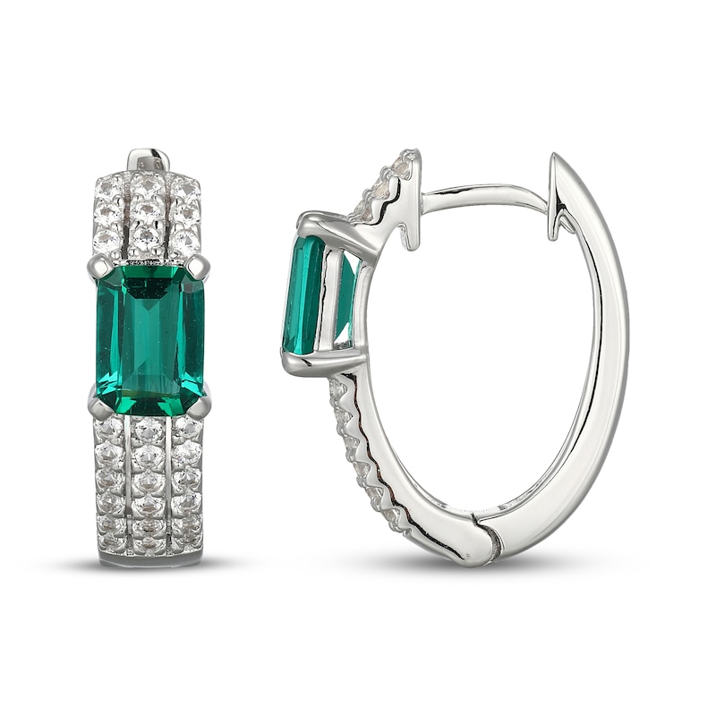 Main Image 3 of Emerald-Cut Lab-Created Emerald & White Lab-Created Sapphire Huggie Hoop Earrings Sterling Silver