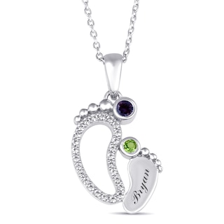 Birthstone Mom and Baby Feet Necklace (2 Stones and 1 Line)