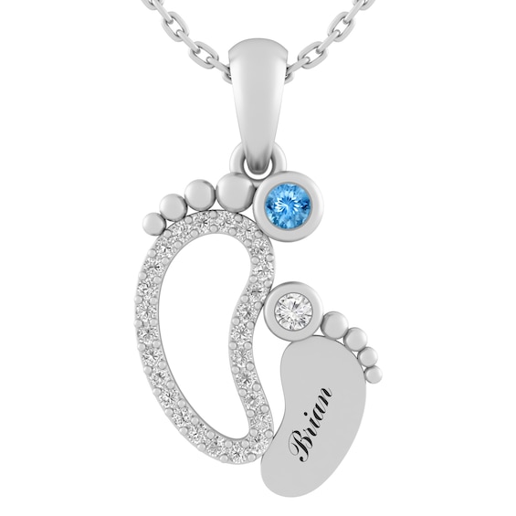 Birthstone Mom and Baby Feet Necklace (2 Stones and 1 Line)
