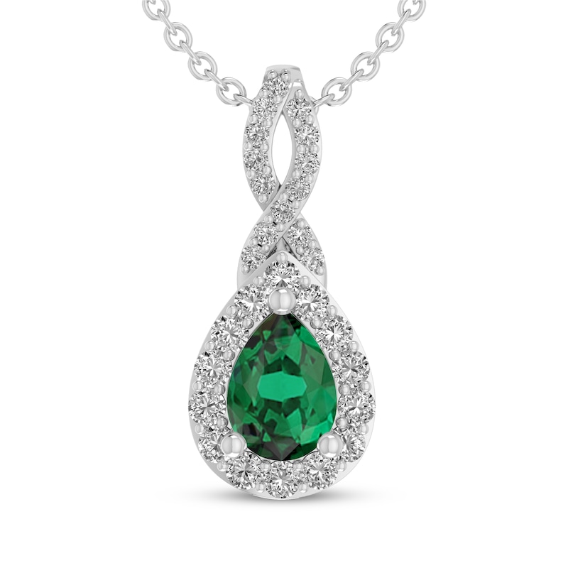Main Image 1 of Pear-Shaped Lab-Created Emerald & White Lab-Created Sapphire Drop Necklace Sterling Silver 18"