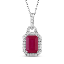 Octagon-Cut Lab-Created Ruby & White Lab-Created Sapphire Halo Necklace Sterling Silver 18"