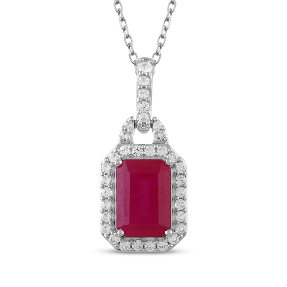 Octagon-Cut Lab-Created Ruby & White Lab-Created Sapphire Halo Necklace Sterling Silver 18"
