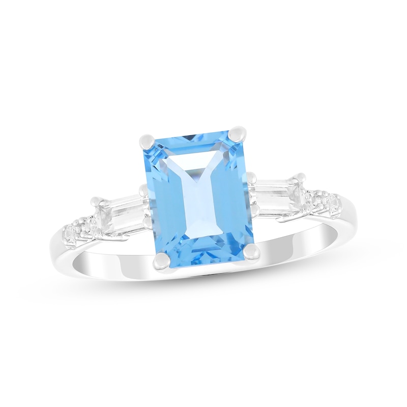 Main Image 1 of Emerald-Cut Swiss Blue Topaz & White Lab-Created Sapphire Ring Sterling Silver